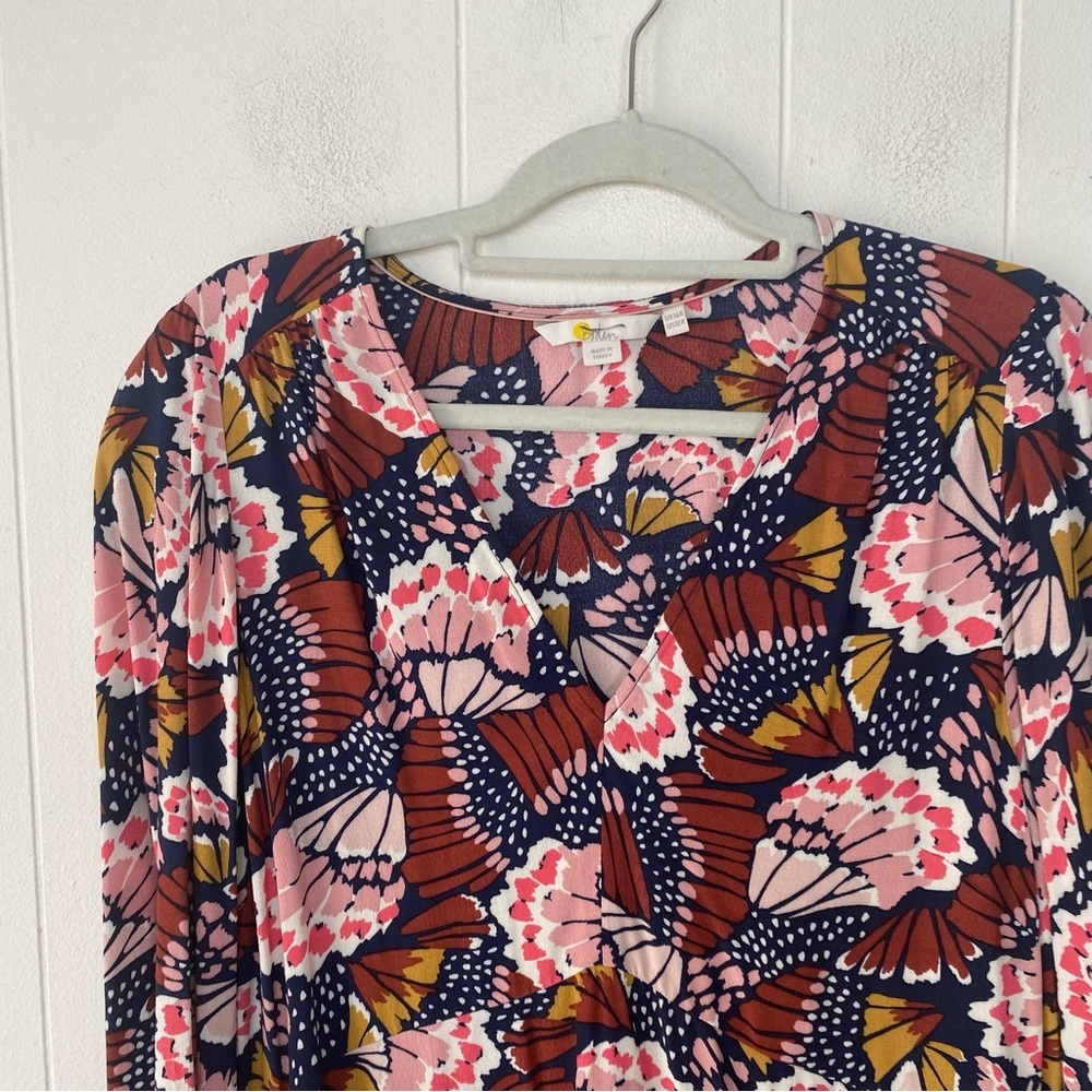 Boden V-Neck Tea Dress Flower Butterfly Petal Stamp Boho Print Dress US 12 - Picture 4 of 10